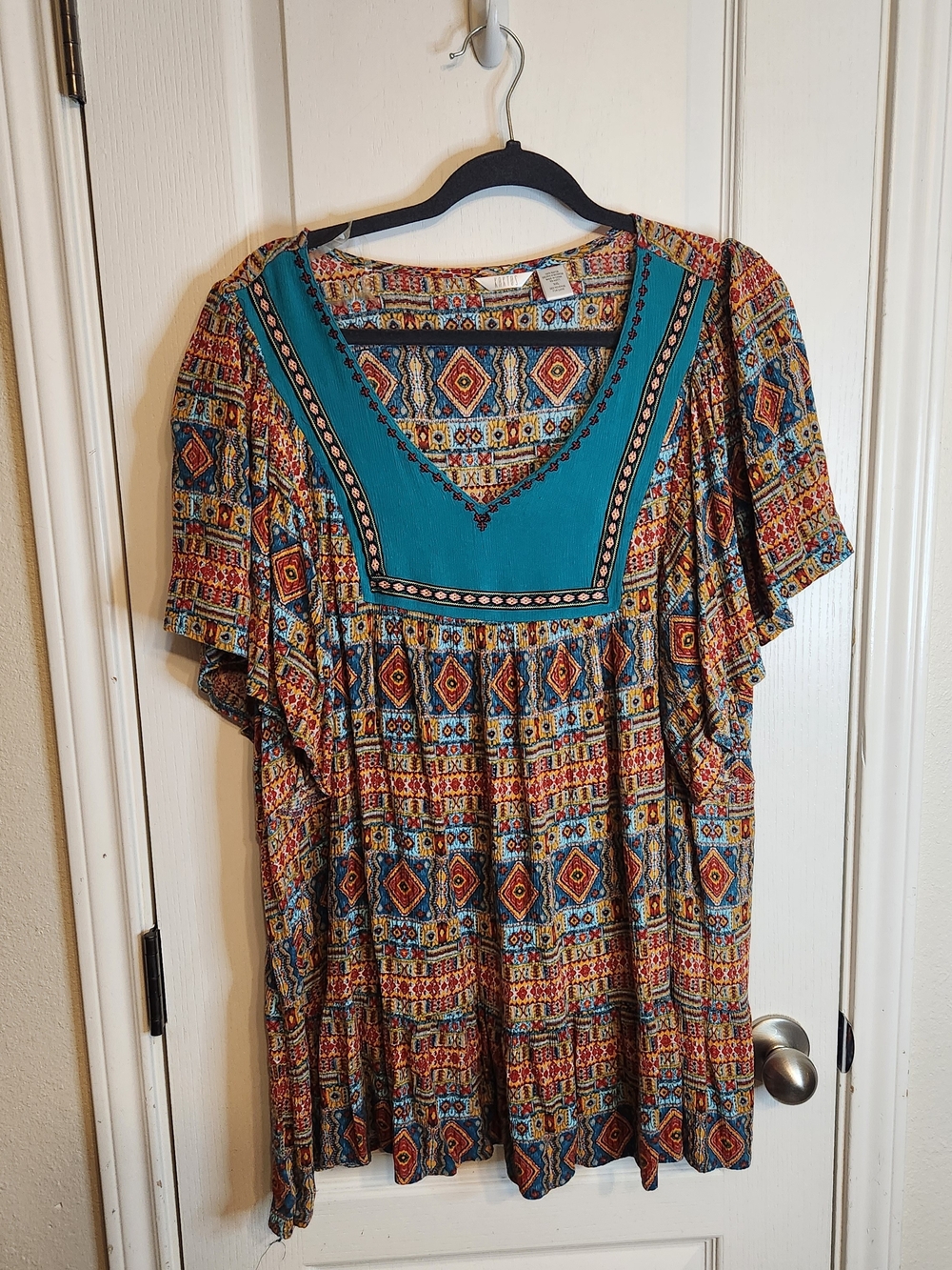 Kaktus Teal Yoke Multicolor Geometric Peasant Tunic